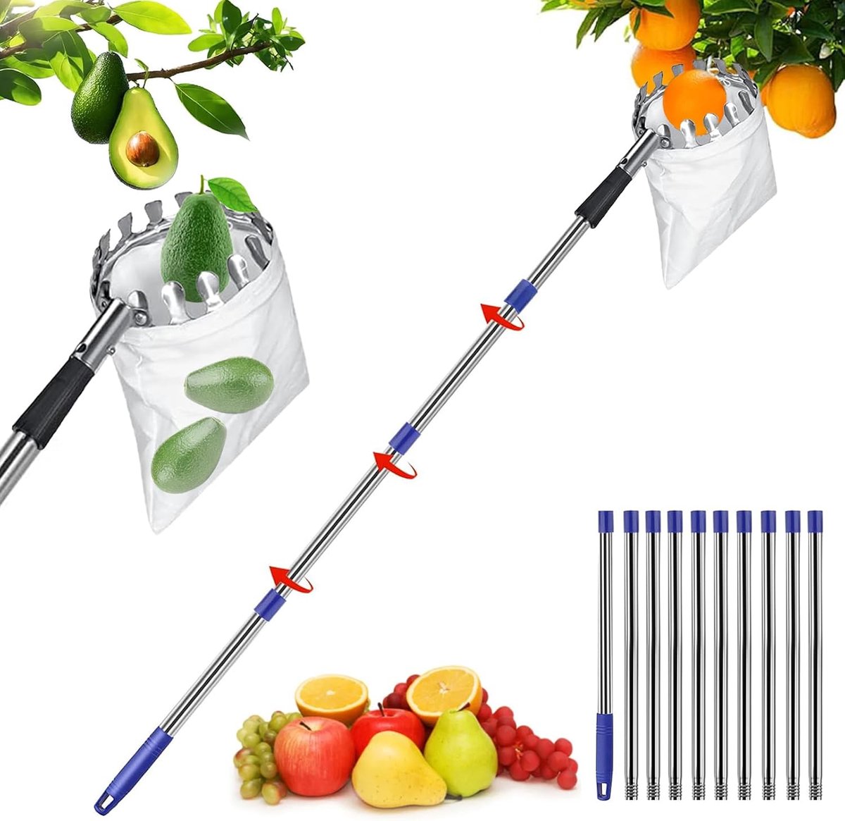 4,2 m fruitplukker met telescoopsteel, katoenen zak, fruitgrijper, eenvoudig te monteren, pruimenplukker