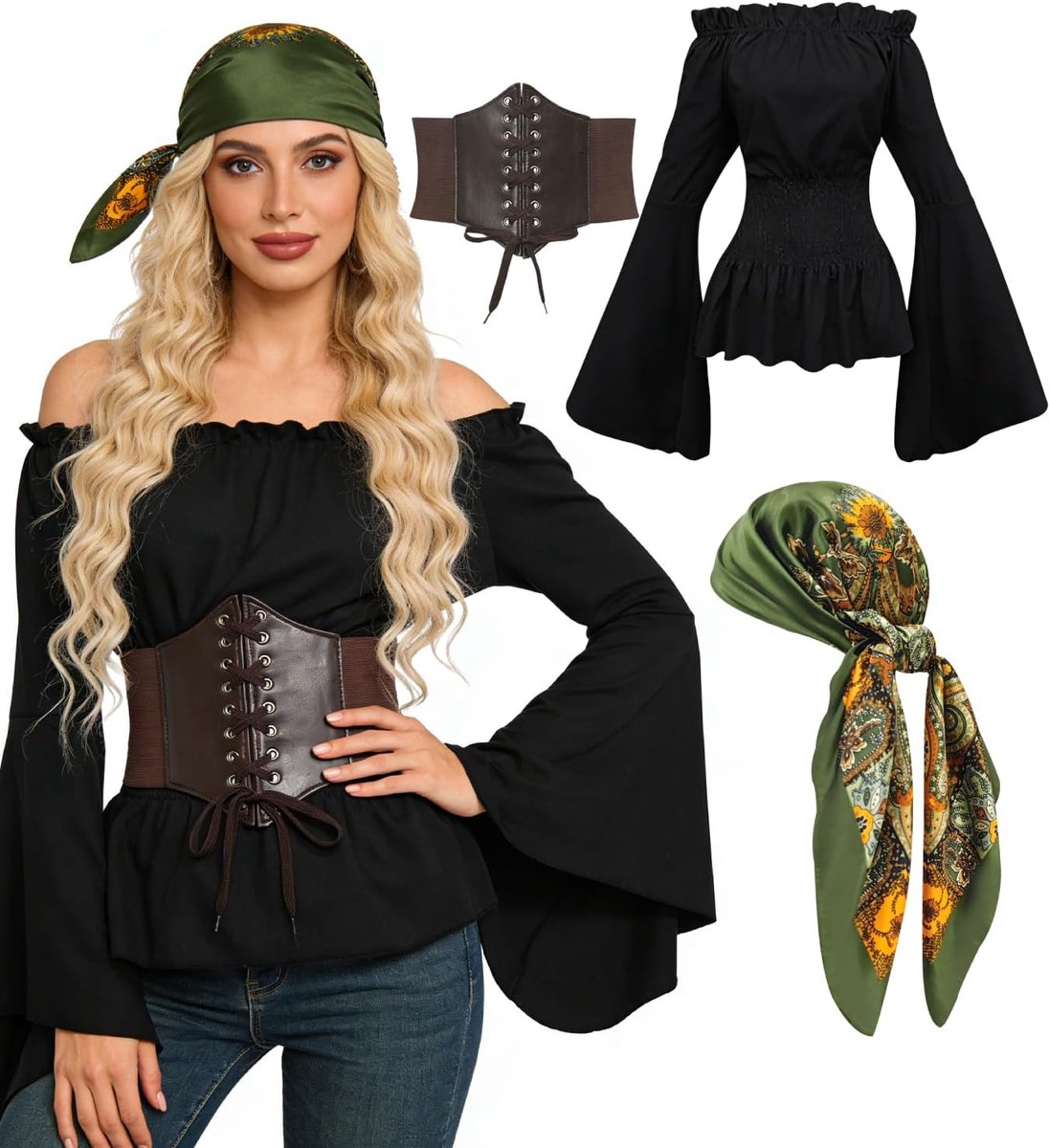Piratenkostuum dames 4CPS piratenkostuum met middeleeuwse blouse piratenkorset hoofddoek netkousen