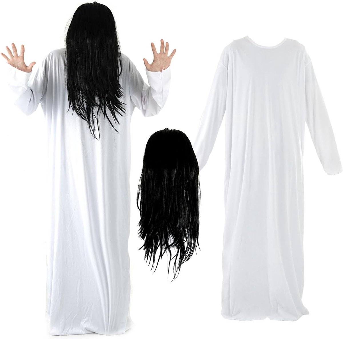 2-delige spookkostuumset voor dames, wit, victoriaans nachthemd, retro jurk met lange mouwen, zwarte lange rechte pruik, horror-Halloween-cosplay, wit