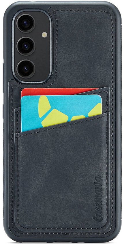 Donkergrijs Casemania hoesje met kaarthouder en creditcards, zwart frame, zijkant met textuur.