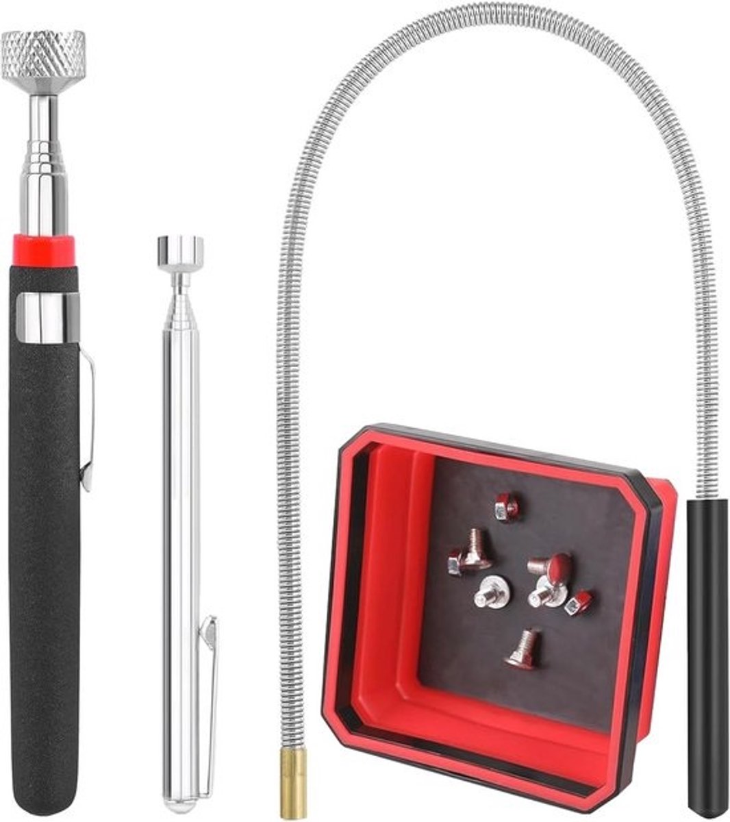 Uitschuifbare magnetische pickup-gereedschapsset met magnetisch onderdelenbakje - telescopische magneetstokken en flexibele magneetgrijper