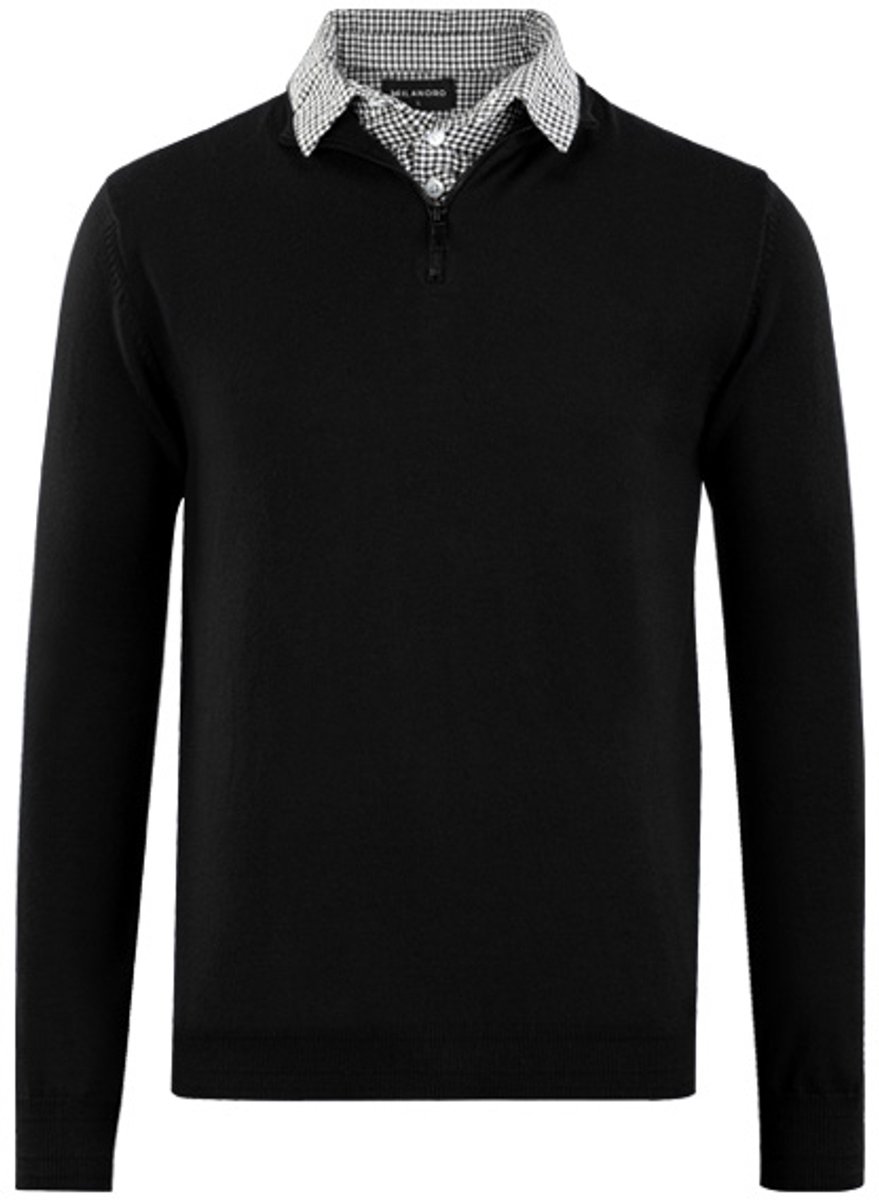 Milanoro - Herenpullover met overhemdkraag en halve rits - Zwart - XXL
