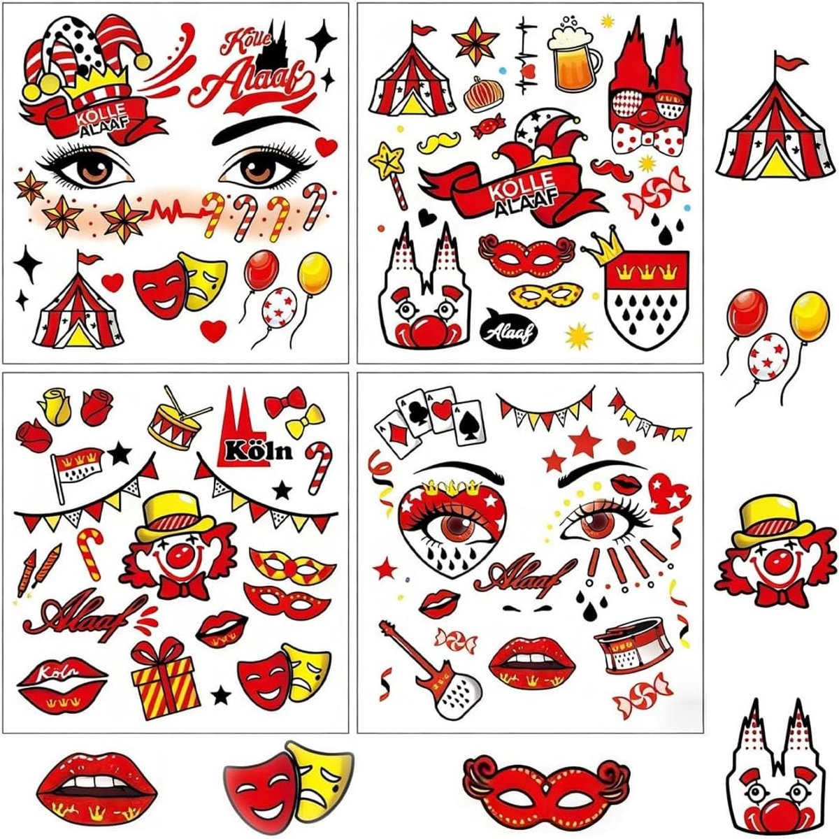 Carnaval Gezichtstatoeages voor Cologne - 4 Stickers voor Mardi Gras Kostuums en Feestjes