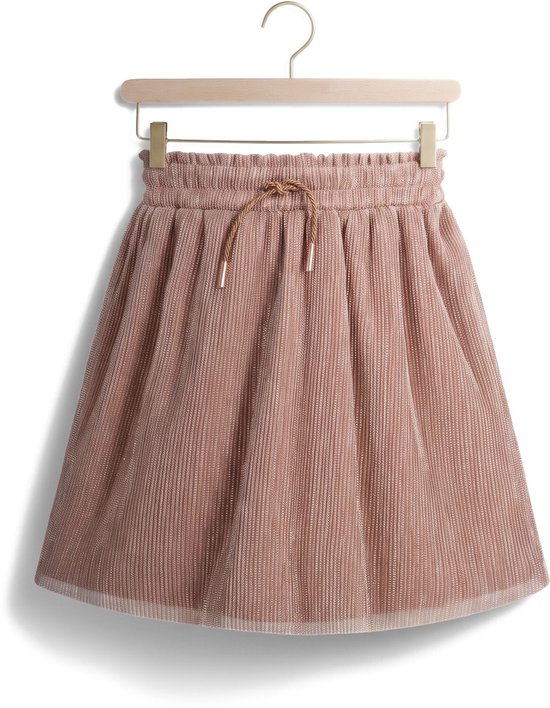 Roze geplooide rok met smockelastiek en trekkoord.