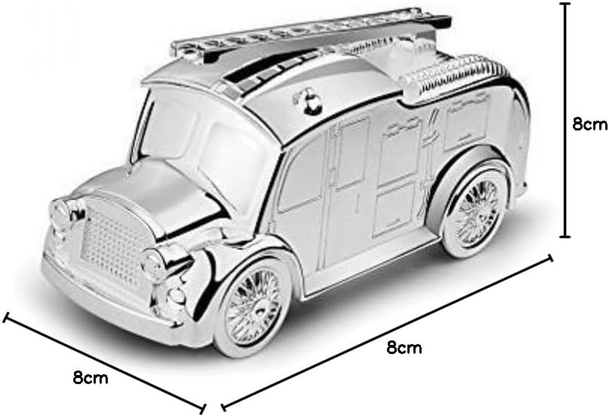 Spaarpot, brandweerauto, met naamgravure, glanzend, verzilverd, aanslagbestendig, kinderspaarpot met gravure