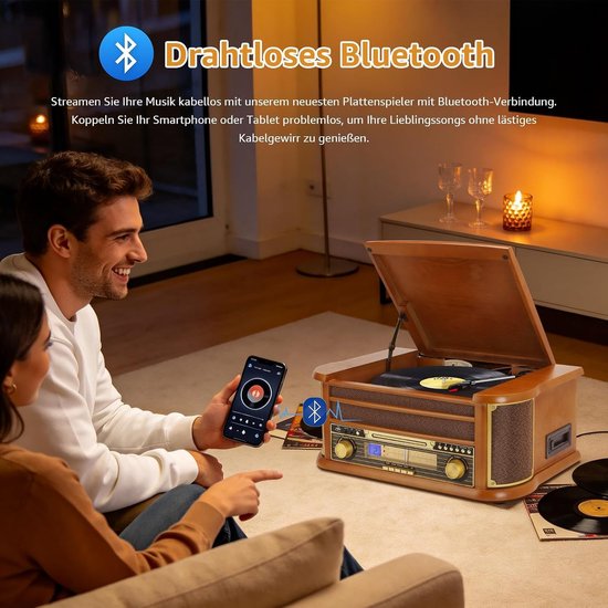 9-in-1 platenspeler met Bluetooth, AM/FM-radio, cd- en cassettespeler, USB-weergave, afstandsbediening, ingebouwde luidsprekers, vintage vinyl draaitafel voor thuis — afbeelding 5