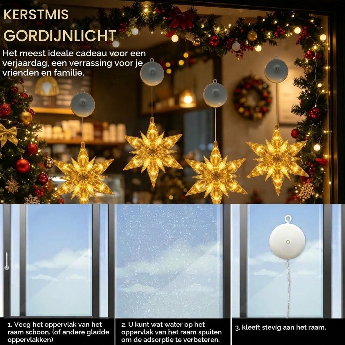Luckystar LED Kerstverlichting Raam - 3 Sneeuwvlokken - Warm Wit - 20 cm - Op Batterijen - Met Zuignap – foto 5
