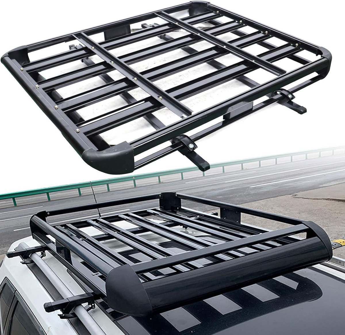 Zwarte auto dakbagagedrager van aluminium, mand, kuip, bagage, vracht, relingdrager met maximale draagcapaciteit van 68 kg