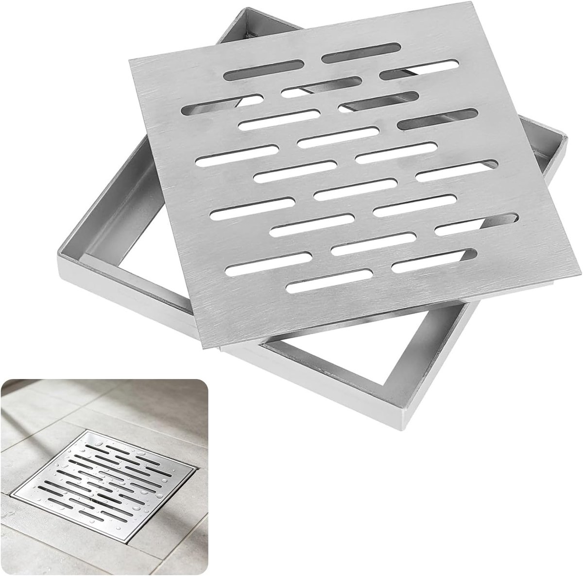 Vloerafvoer voor buiten, vierkante vloerafvoer, vloerafvoer, roestvrij staal, met frame, afvoerrooster, kelder, vierkant, voor badkamer, tuin, terras, anti-blokkering, antislip (150 x 150 x 20 mm)