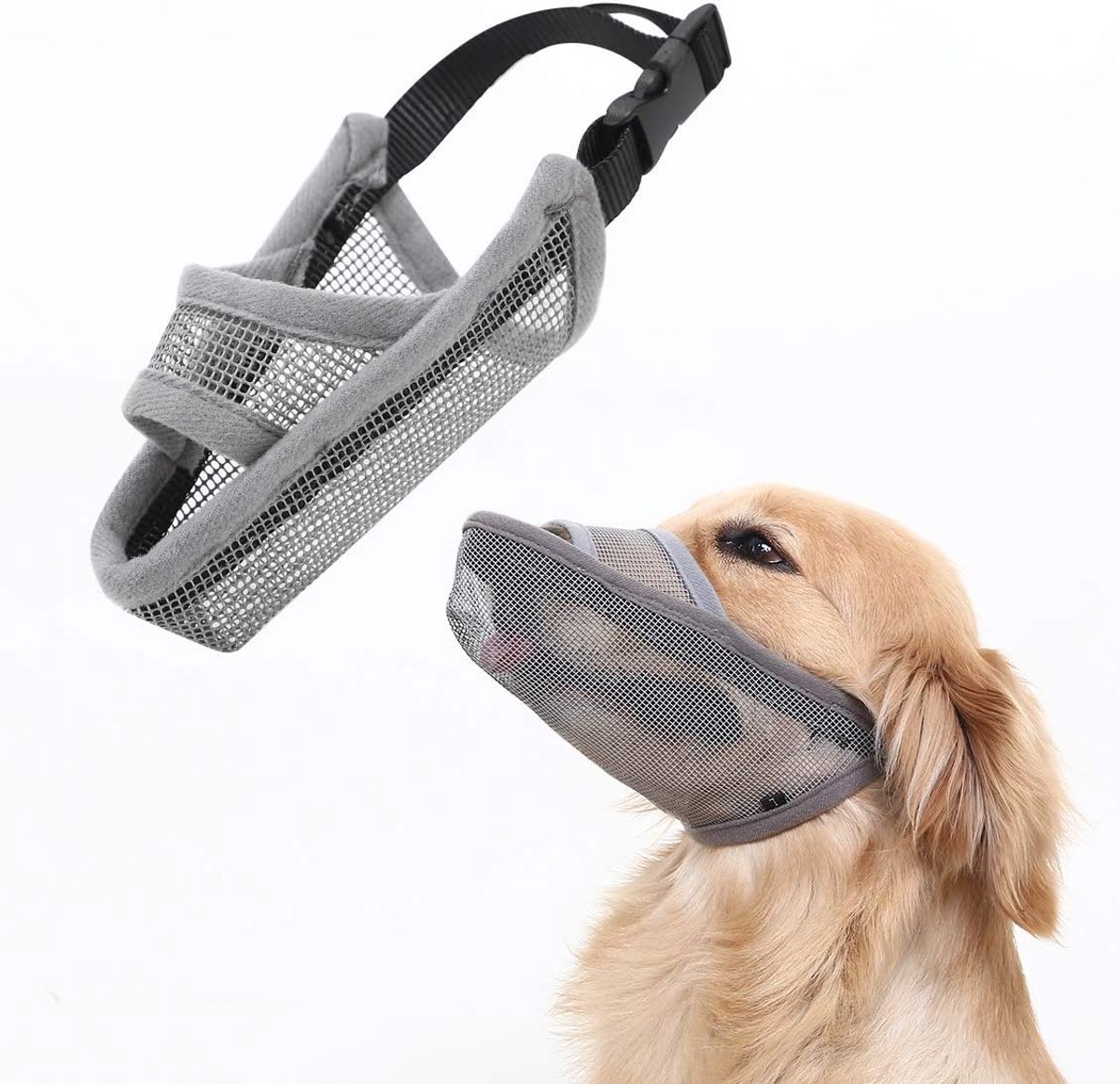 Muselix voor kleine en middelgrote honden, van luchtig en drinkbaar net, voor huisdieren, anti-bijt, anti-blaf (grijs, M)