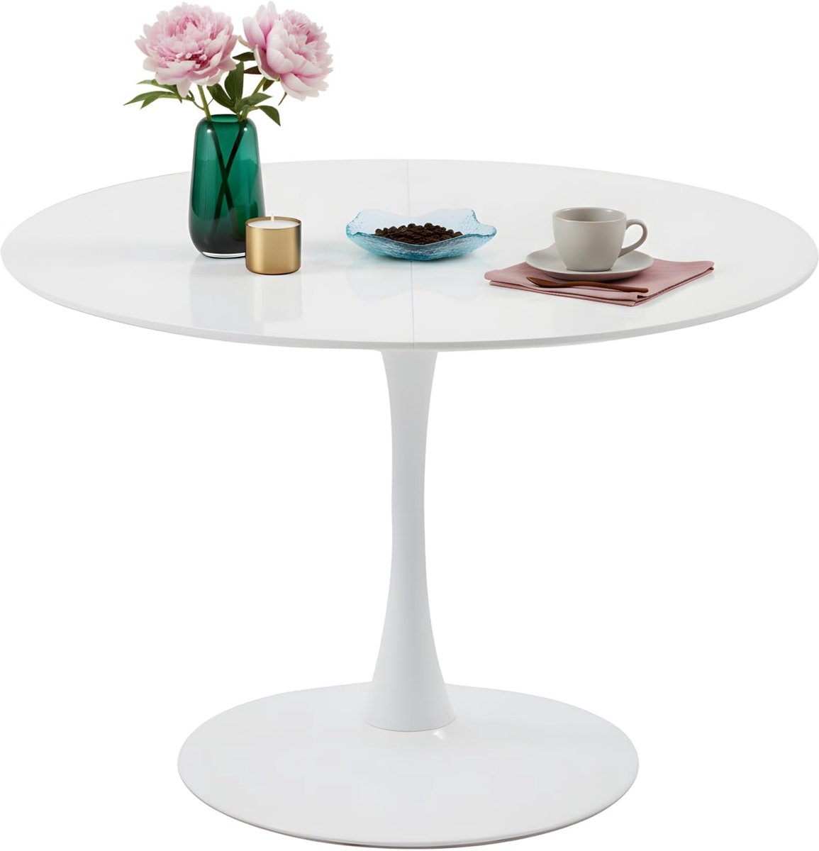Eettafel, rond, wit, 110 cm diameter, voor 4 tot 6 personen, ronde eettafel, modern, wit, met metalen basis, voor keuken, woonkamer, café (wit, 110 x 110 x 73 cm)