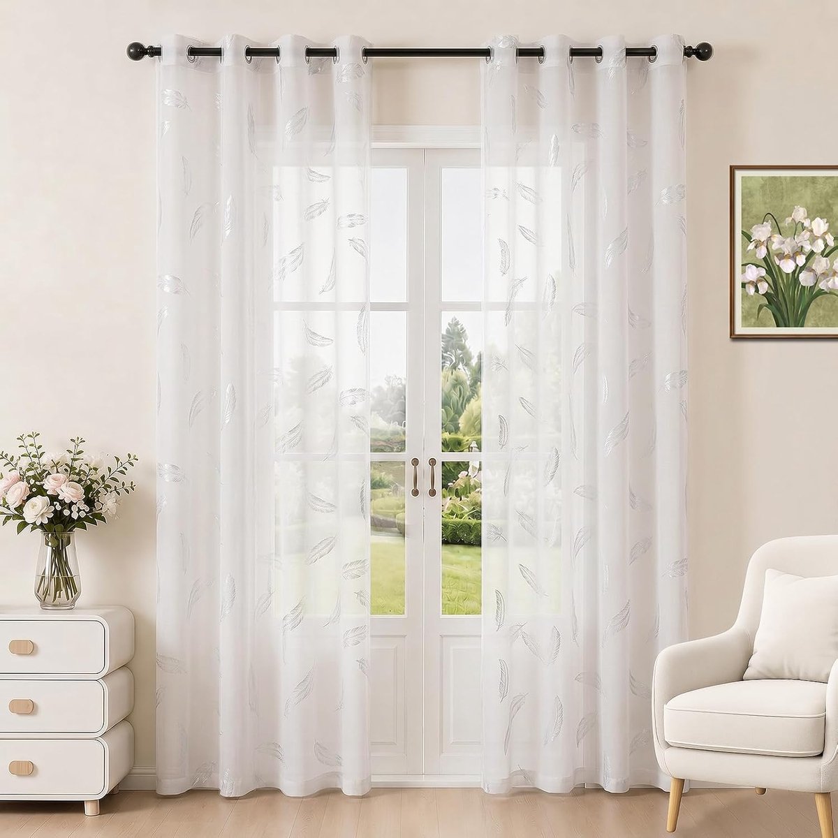 Set Van 2 Transparante Voile-Gordijnen 140x260 CM, Modern Verenmotief In Zilverfolie, Semi-Transparante Elegante Gordijnen Met Metalen Ringen, Geschikt Voor Slaapkamer En Woonkamer, Beige