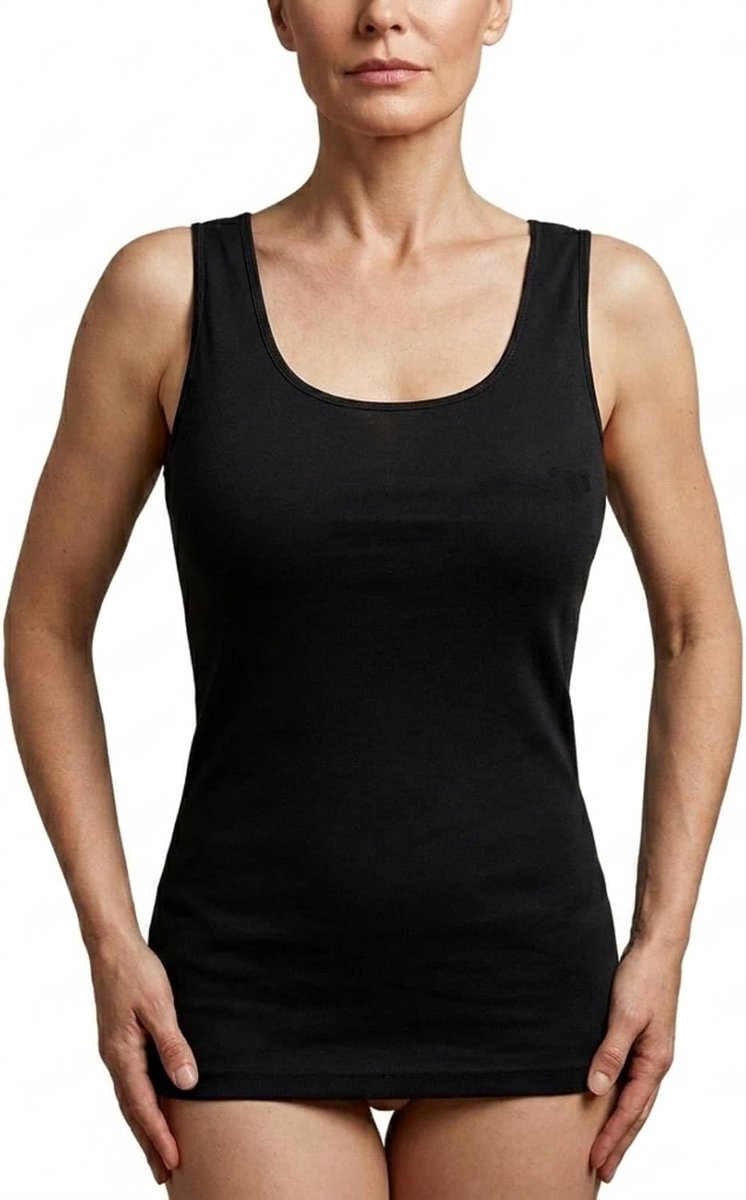Tanktop van katoen met ronde hals van kant en brede schouders, glad, gekamd katoen, mouwloos, in twee kleuren, wit en zwart