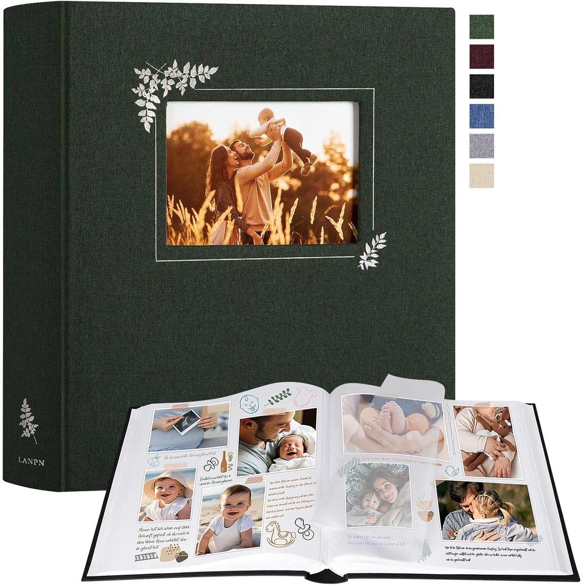SnelShoppen - Groot Foto Album met Linnen Kaft en Venster, 100 Witte Pagina's met Glassine, Voor 9x13 cm, 10x15 cm, 13x18 cm Foto's (30x33.5 cm, Groen