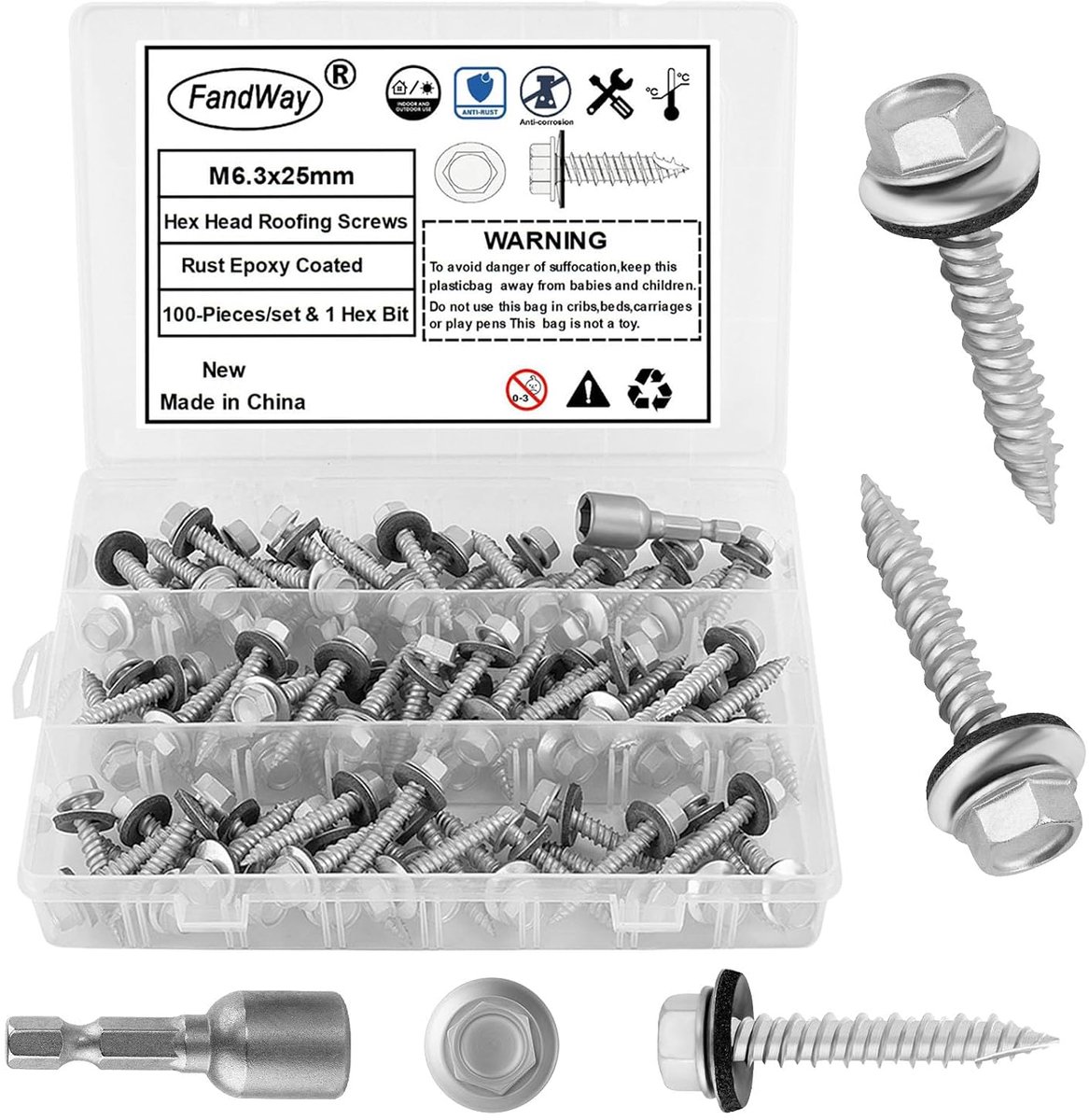 Pack of 100 x Trapezoidal Sheet Screws, Self-Drilling Plate Screws, M6.3 x 25 mm, Spengler Screw, Self-Tapping - ShopVlot