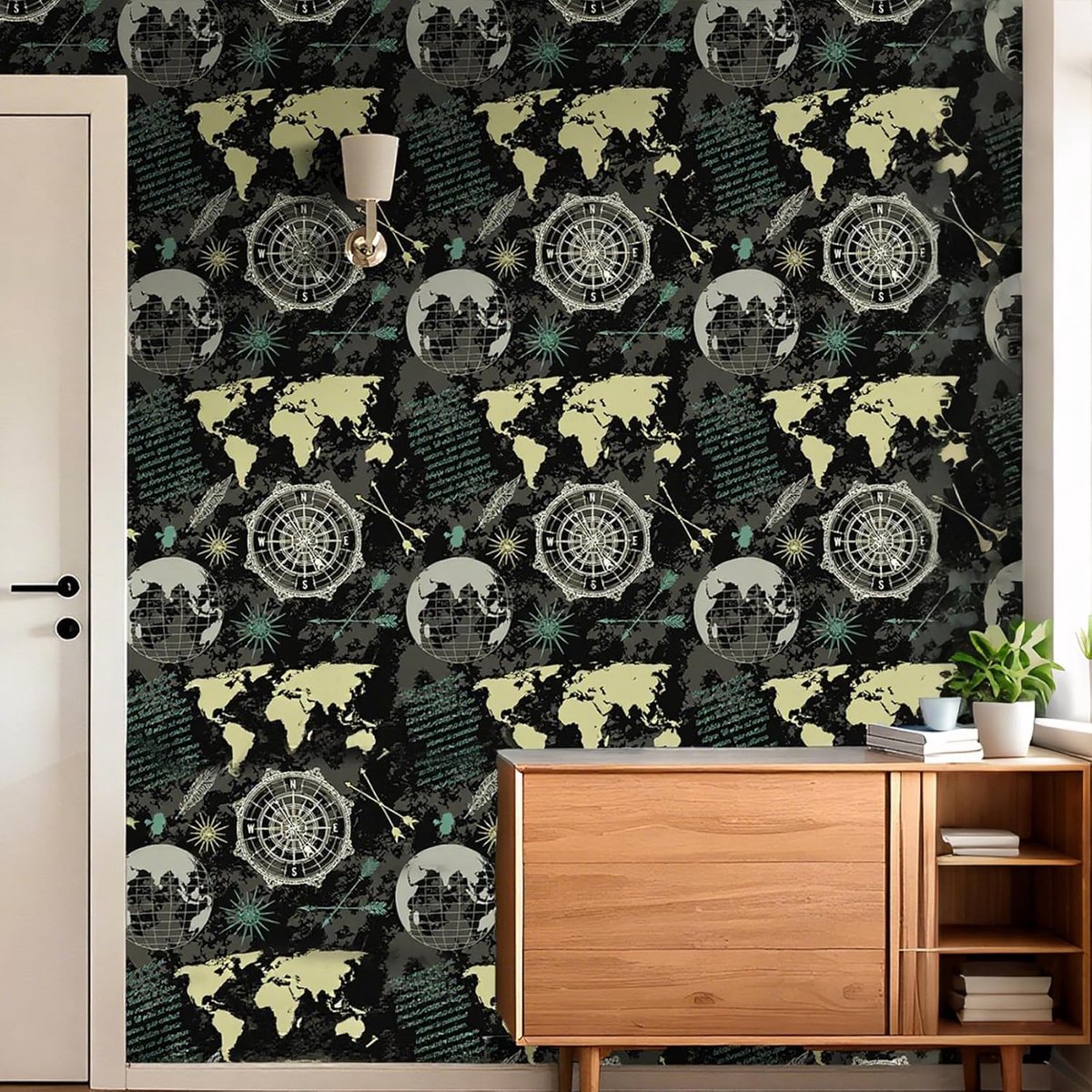 LACHEERY Black Children's Room Wallpaper with Atlas Compass Wall Wallpaper Self-Adhesive Modern 44.5 cm x 700 cm - ShopVlot