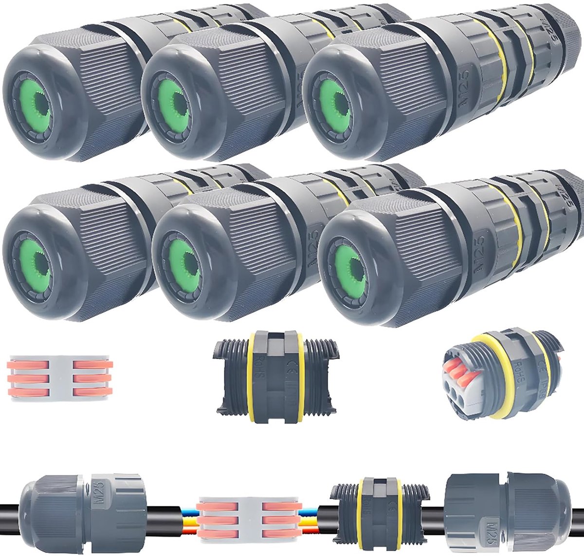 Cable Connectors IP68, Dujelixa 6 Pcs M25 Waterproof Junction Box, Electrical Extension Cable Connector 2/3 Way Line - ShopVlot