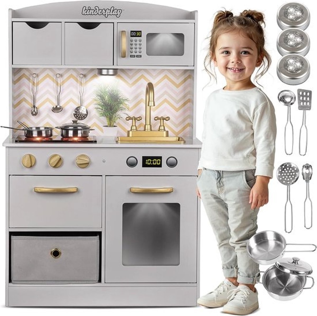 Houten kinderkeuken - met licht en geluiden - voor kinderen van 3 tot 6 jaar | Verstelbare speelkeuken - met accessoires