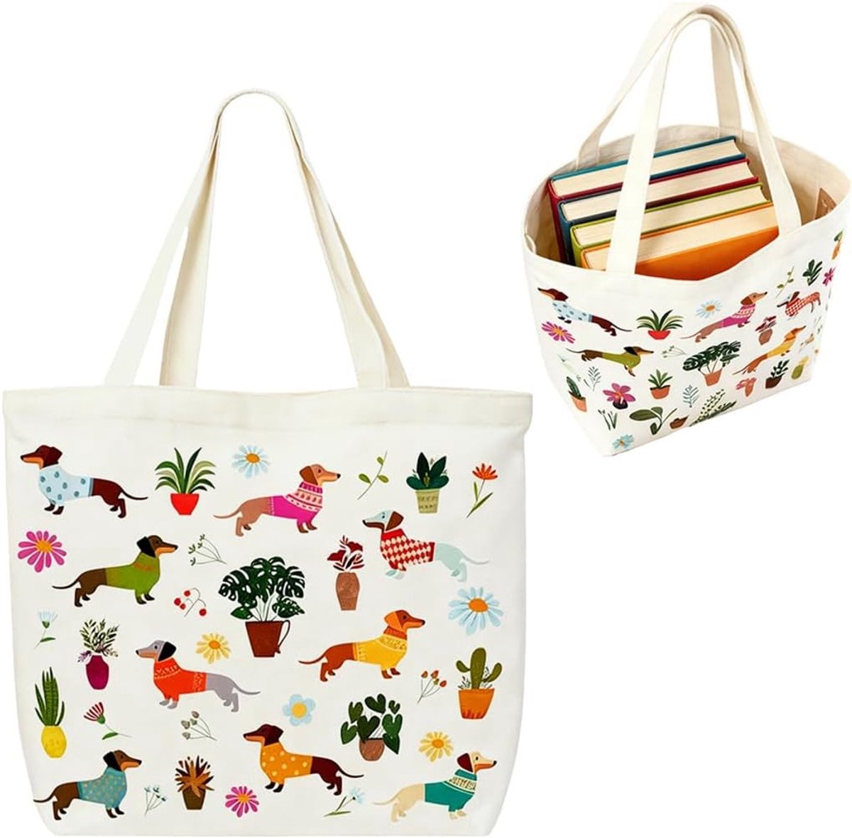 Tote Bag met Teckel Print, Herbruikbare Katoenen Tas voor Hondenliefhebbers, 34 x 38 cm, Perfect voor Dagelijkse Gebruik en Winkelen