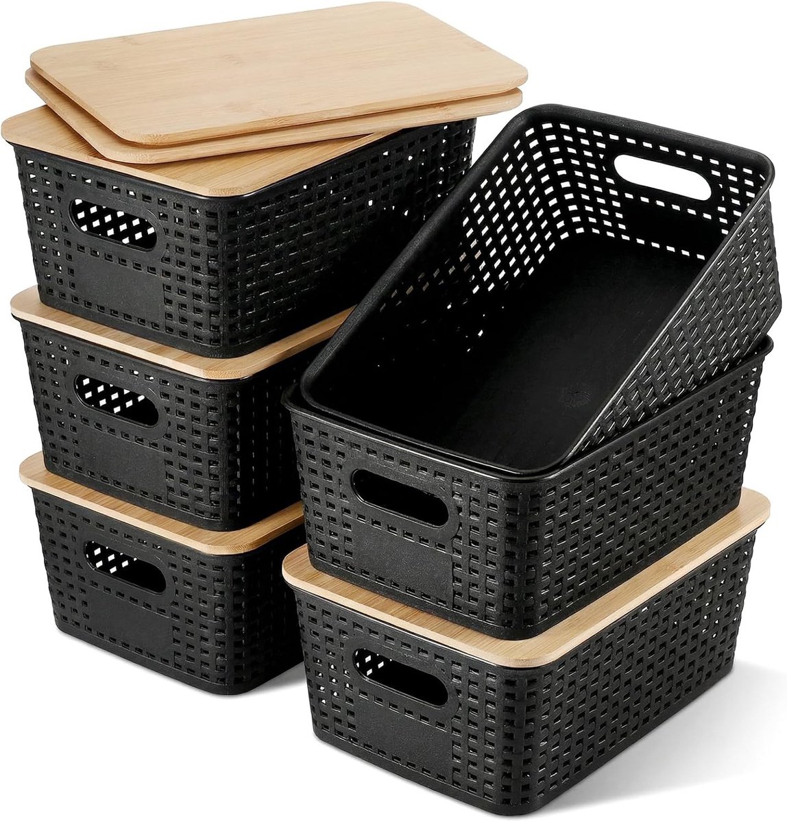 Set van 6 Opbergdozen met Bamboedeksel, Decoratieve Stapelbare Plastic Opbergmanden voor Badkamer, Planken, Lades en Kantoor, Rieten Effect Plastic Opbergdozen (Zwart) - Ruimtebesparend, Multifunctioneel en Stijlvol
