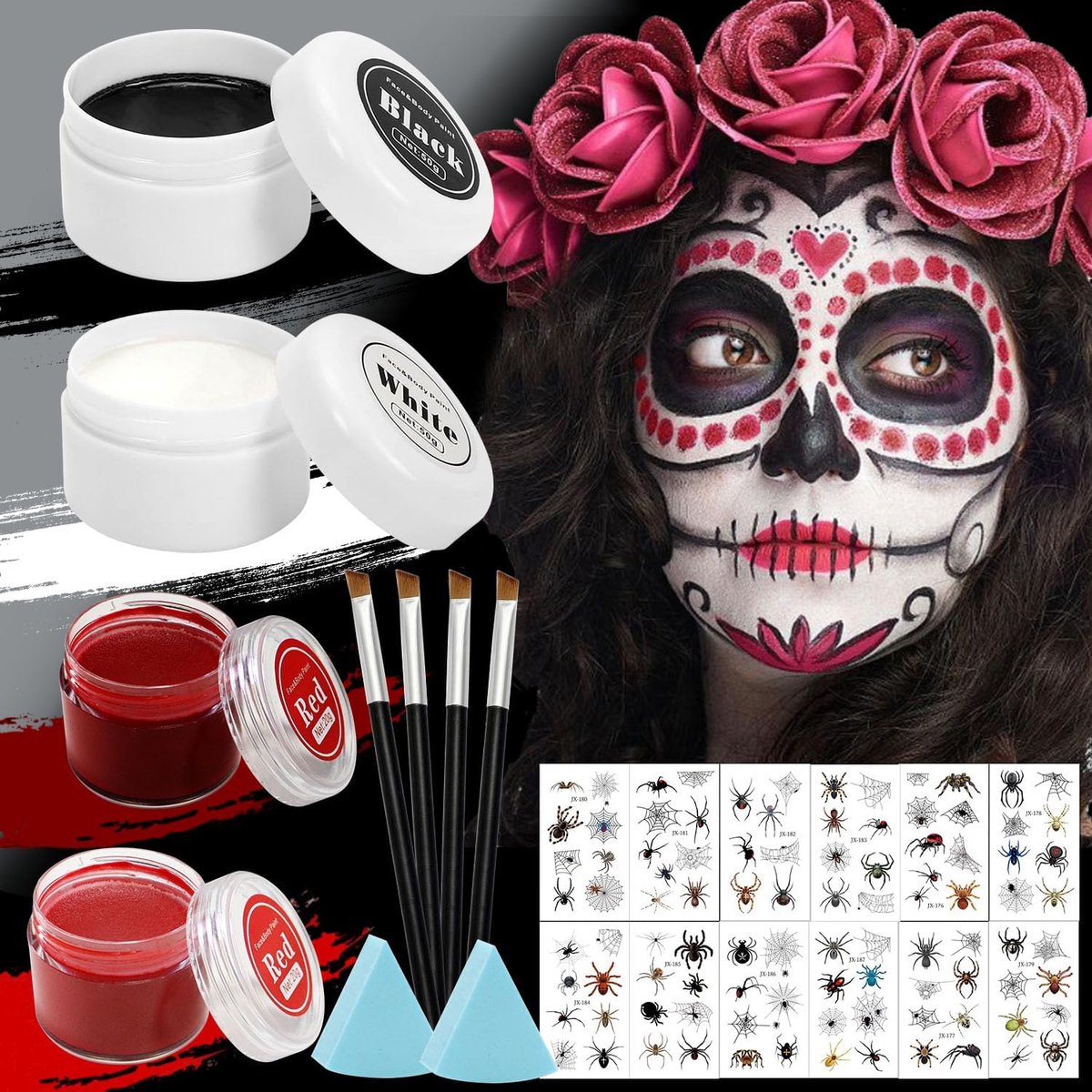 Body Colours, Black (50g) and White (50g), with 4 Brushes, Theatre Make-Up, Face Colour, Non-Toxic, Waterproof - ShopVlot