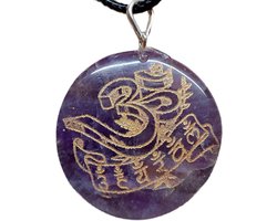 Gemstone Amethyst Sanskrit amulet with Mantra Om Aum symbol in jewelry bag - ShopVlot