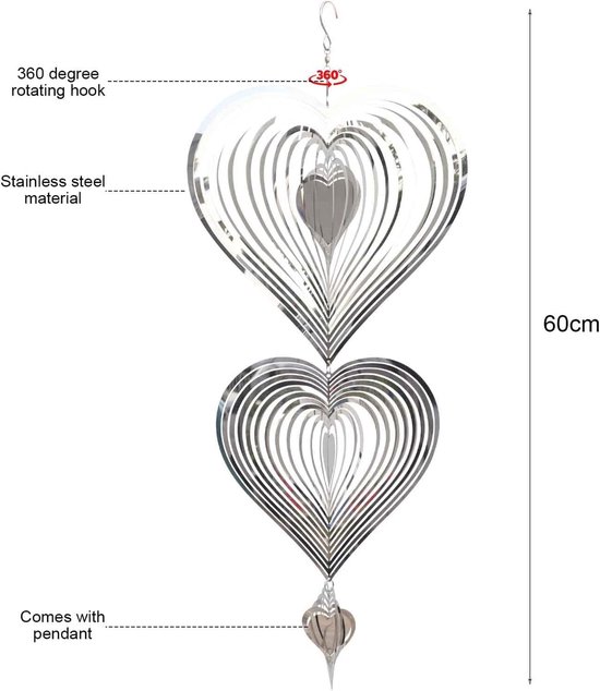 3D Hart Wind Spinner voor de Tuin, Hangende Windgong van Roestvrij Staal, Decoratieve Windvangers en Sculpturen voor Binnen en Buiten, Perfecte Tuinaccessoires en Cadeaus — afbeelding 4