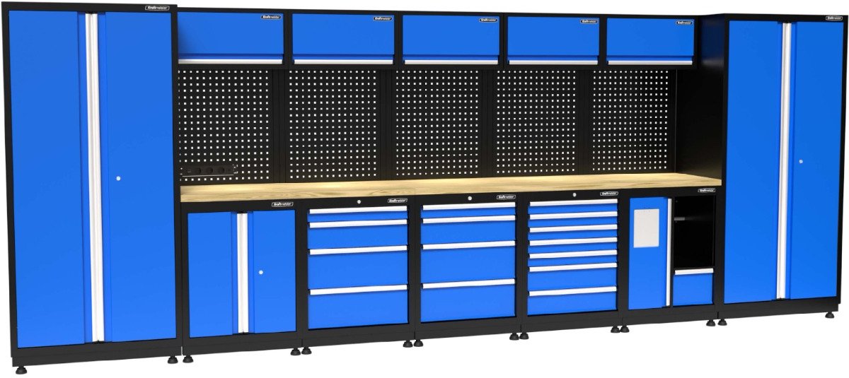 Kraftmeister werkplaatsinrichting - Werkbank met 5 wandkasten, 2 werkplaatskasten en eiken werkblad - Werktafel met 15 laden, 1 opbergkast, 1 prullenbak en gereedschapswand - Complete set voor werkplaats of garage - Blauw