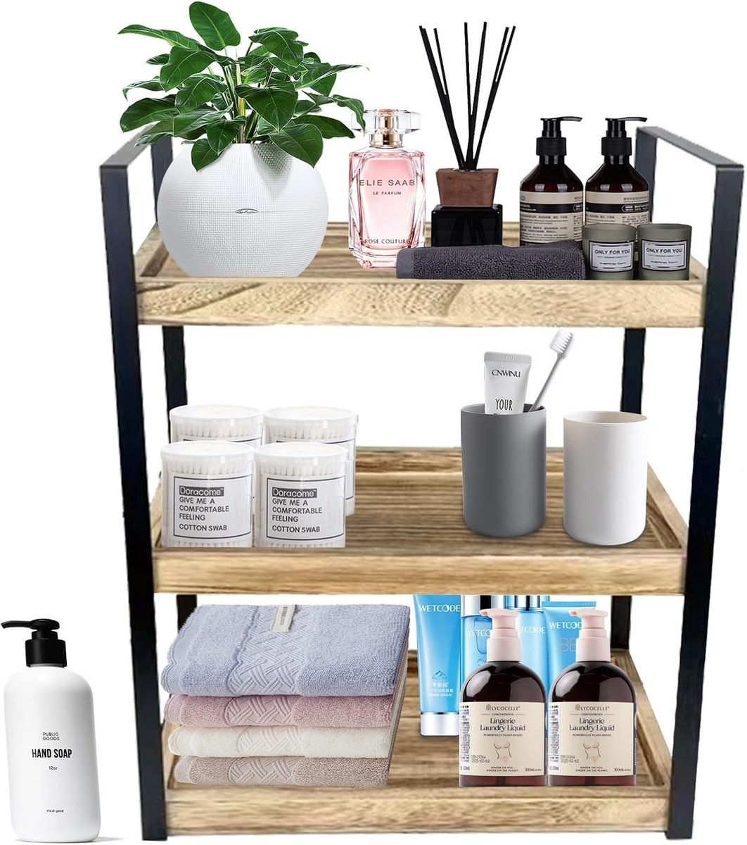 Drie niveaus houten plank, vochtbestendige badkamerorganizer, multifunctionele rek voor badkamer, keuken en make-up tafel