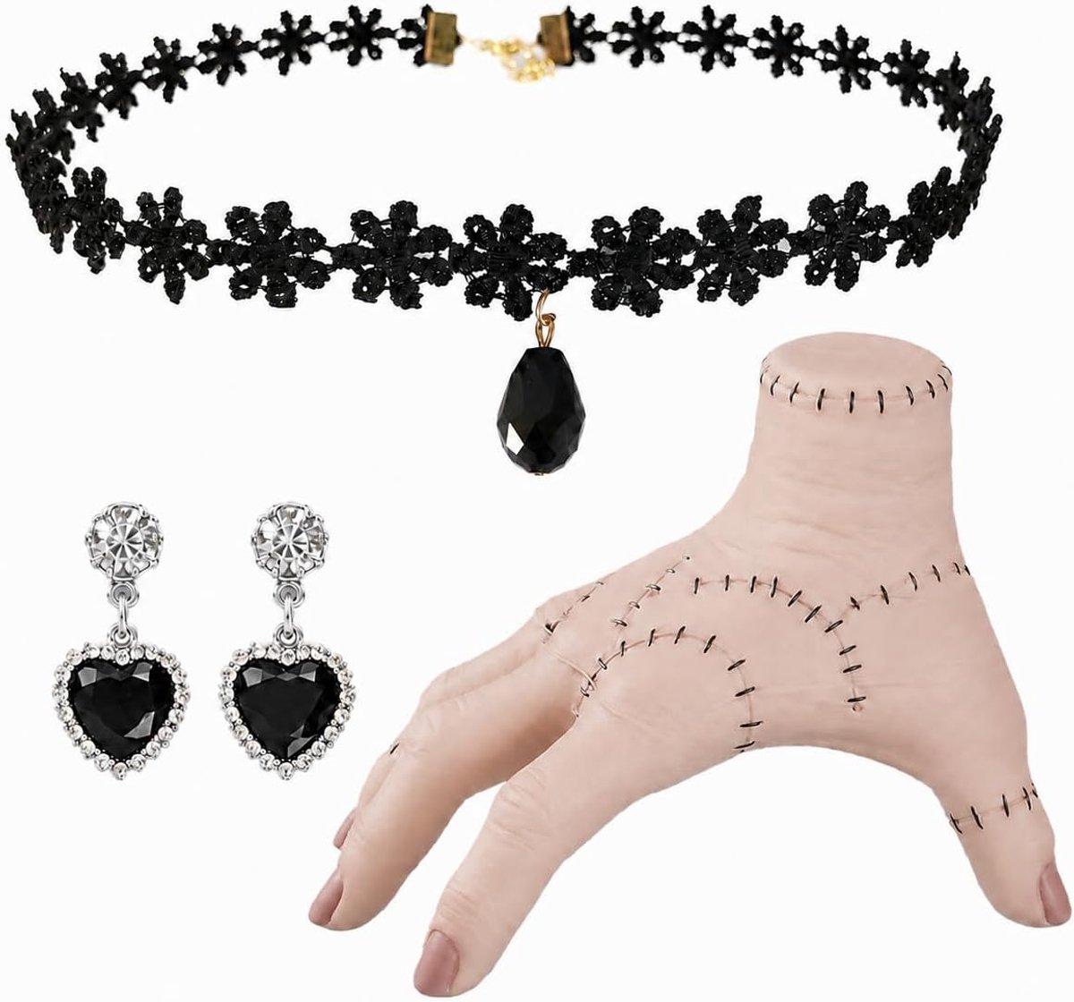 3 stuks handjes, latex hand, gotische choker