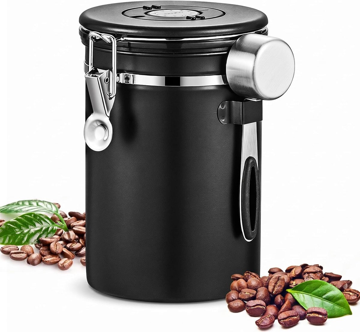 Roestvrijstalen koffiebus, 1,8L vacuüm, 304 RVS met lepel, borstel en datumregistratie voor thee, noten, cacao