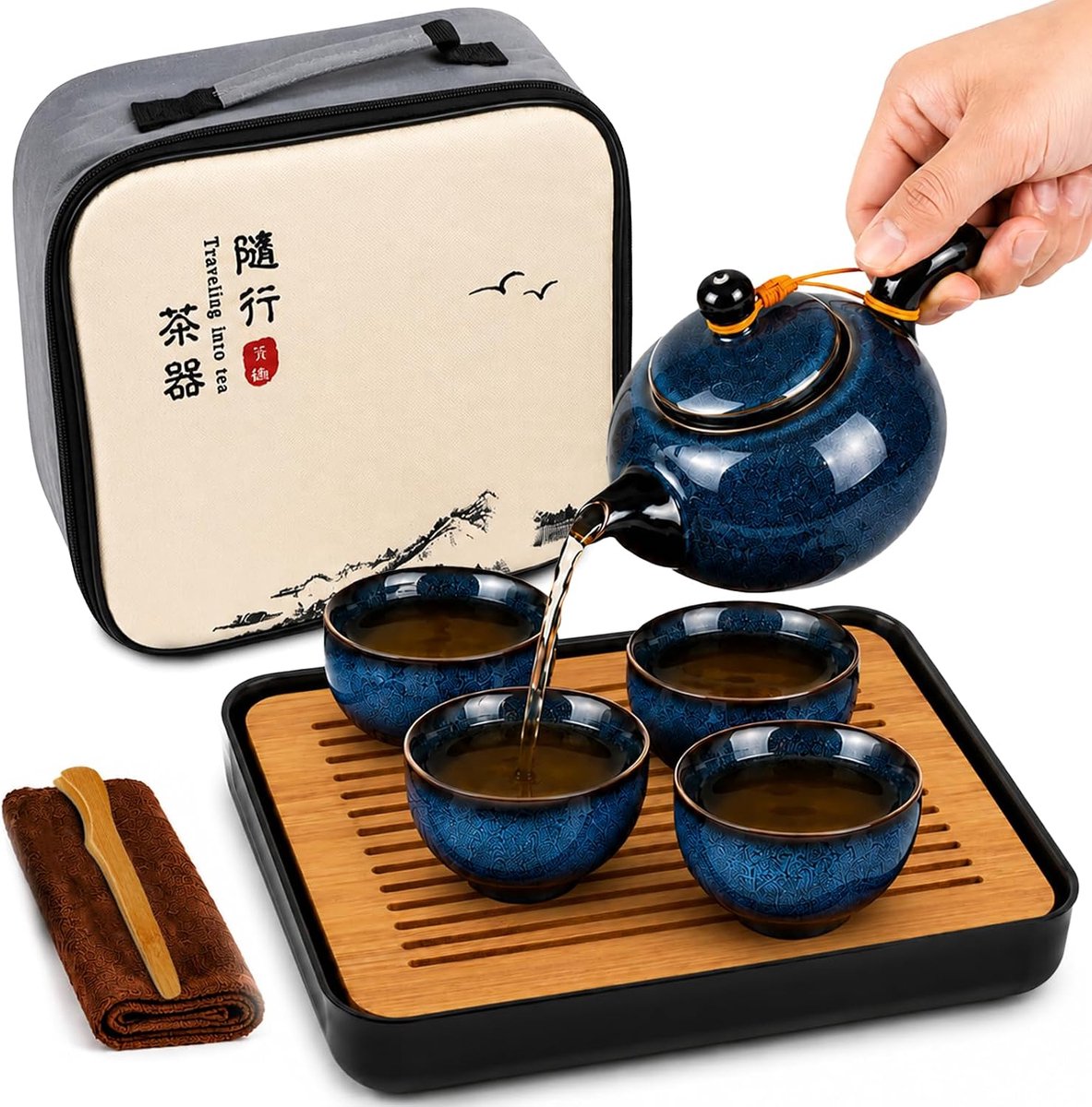 Kongfu-theeset, geglazuurd porseleinen set met 1 theepot, 4 kopjes, 1 theetabletje, theeklap, theedoek en draagtas, draagbare theepottenset voor reizen, geschenken en outdoor