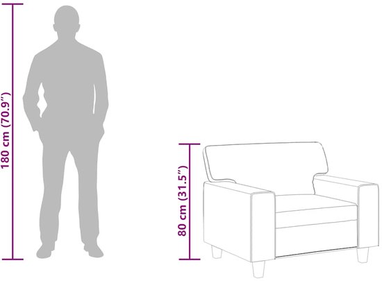 Schaalvergelijking van de beige fauteuil (80 cm hoog) naast een man van 180 cm.