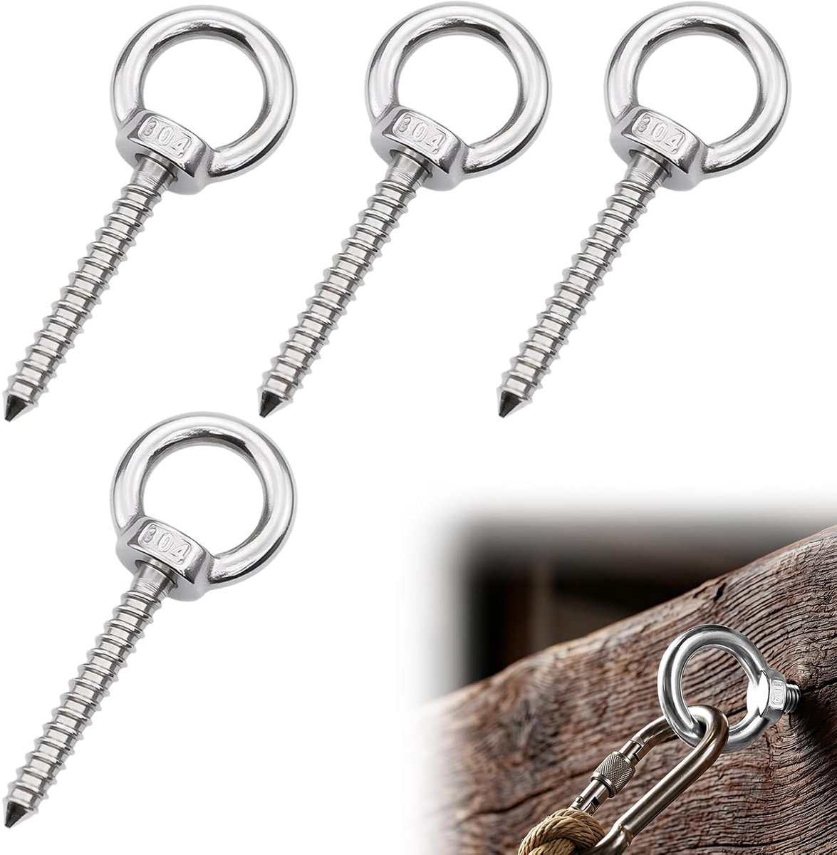 4 stuks ringschroef M8, roestvrijstalen bouten met langgat, M8 x 80 cm, hoogwaardige bouten, voor gebruik bij hangmatten, luifels en voor het bevestigen van kabels