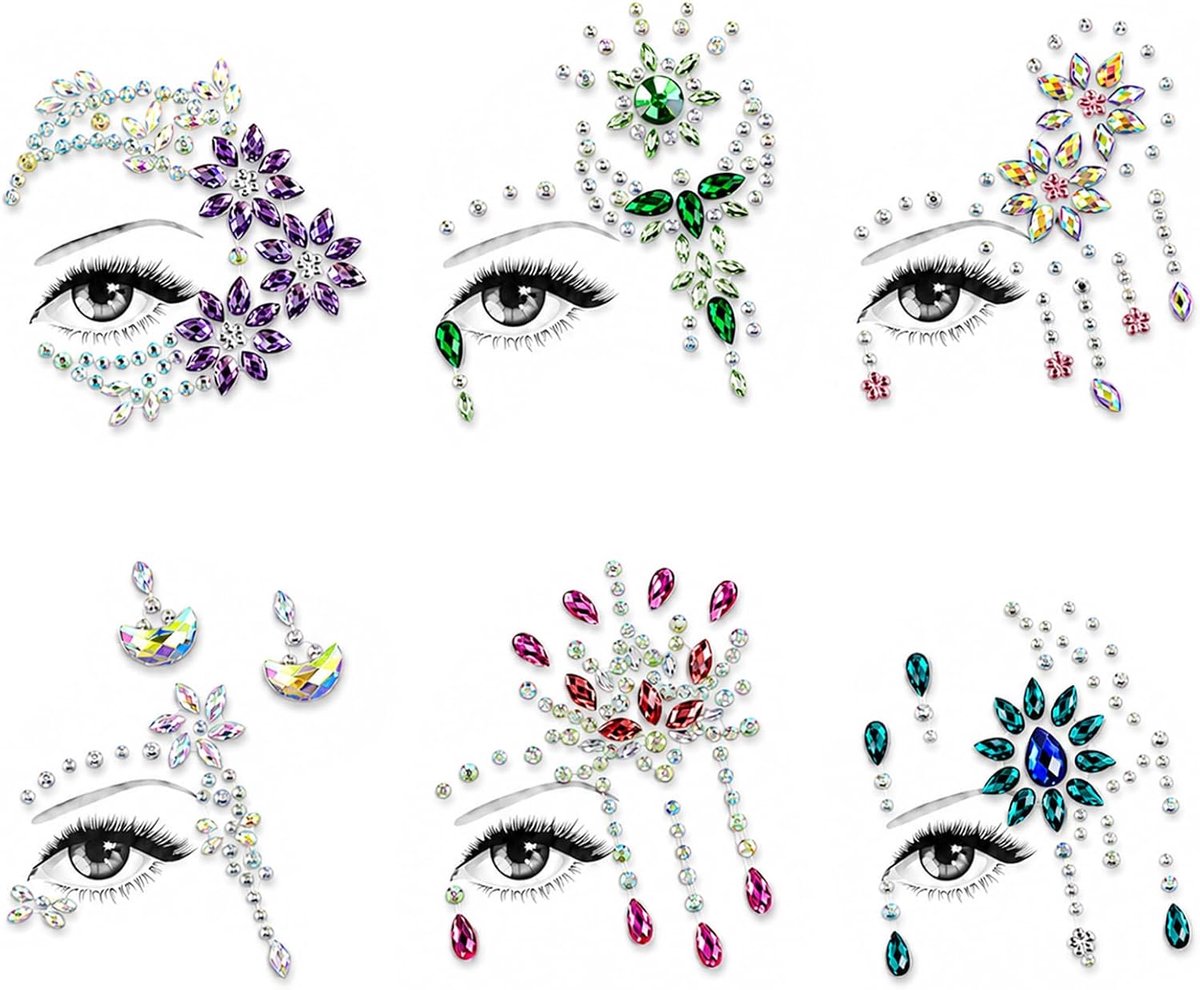 Glitterstenen gezicht zelfklevend, 6 vellen glitter gezicht festival make-up, strass-steentjes voor feest, carnaval, Halloween, huidvriendelijke acryl edelstenen