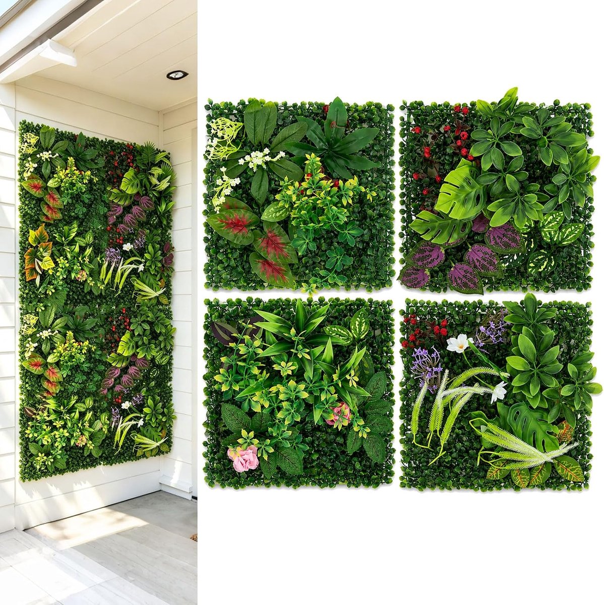 Kunstplantenwand voor binnen en buiten, set van 4, 25 x 25 cm, plantenpanelen, kunstplanten, muur, kunstmatige groene heg, natuurlijke decoratie, wandpanelen voor tuin, balkon, woonkamer