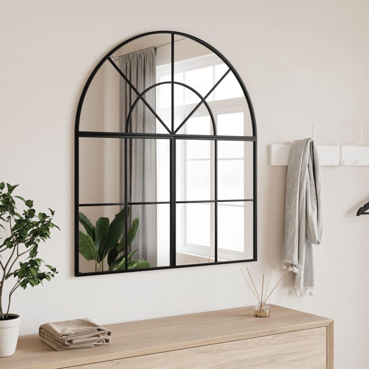 Wandspiegel, zwart, 80 x 40 cm, met ijzeren frame, gepoedercoate wandspiegel van glas voor helder spiegelbeeld, ideaal voor slaapkamer, hal, woonkamer en badkamer