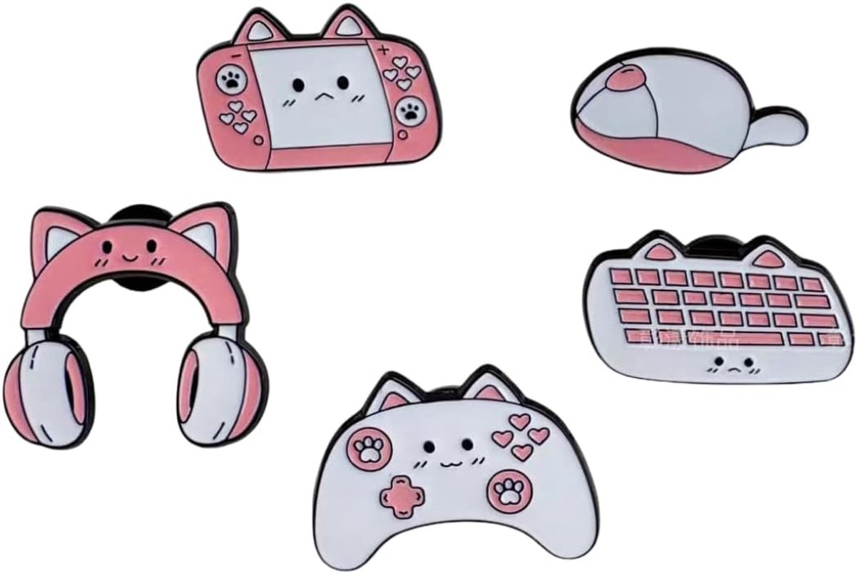 Set van 5 Kawaii-spelden voor gamer kat, van geëmailleerd metaal, roze en wit, met controller, hoofdtelefoon, toetsenbord, muis en console