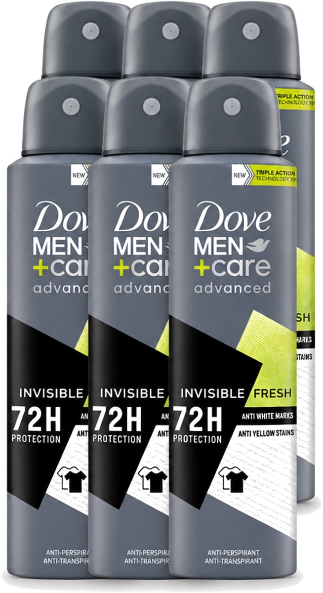 6 x Dove Men+Care – Deodorant Spray – Advanced Invisible Fresh – 150 ml - Voordeelverpakking - 6 stuks