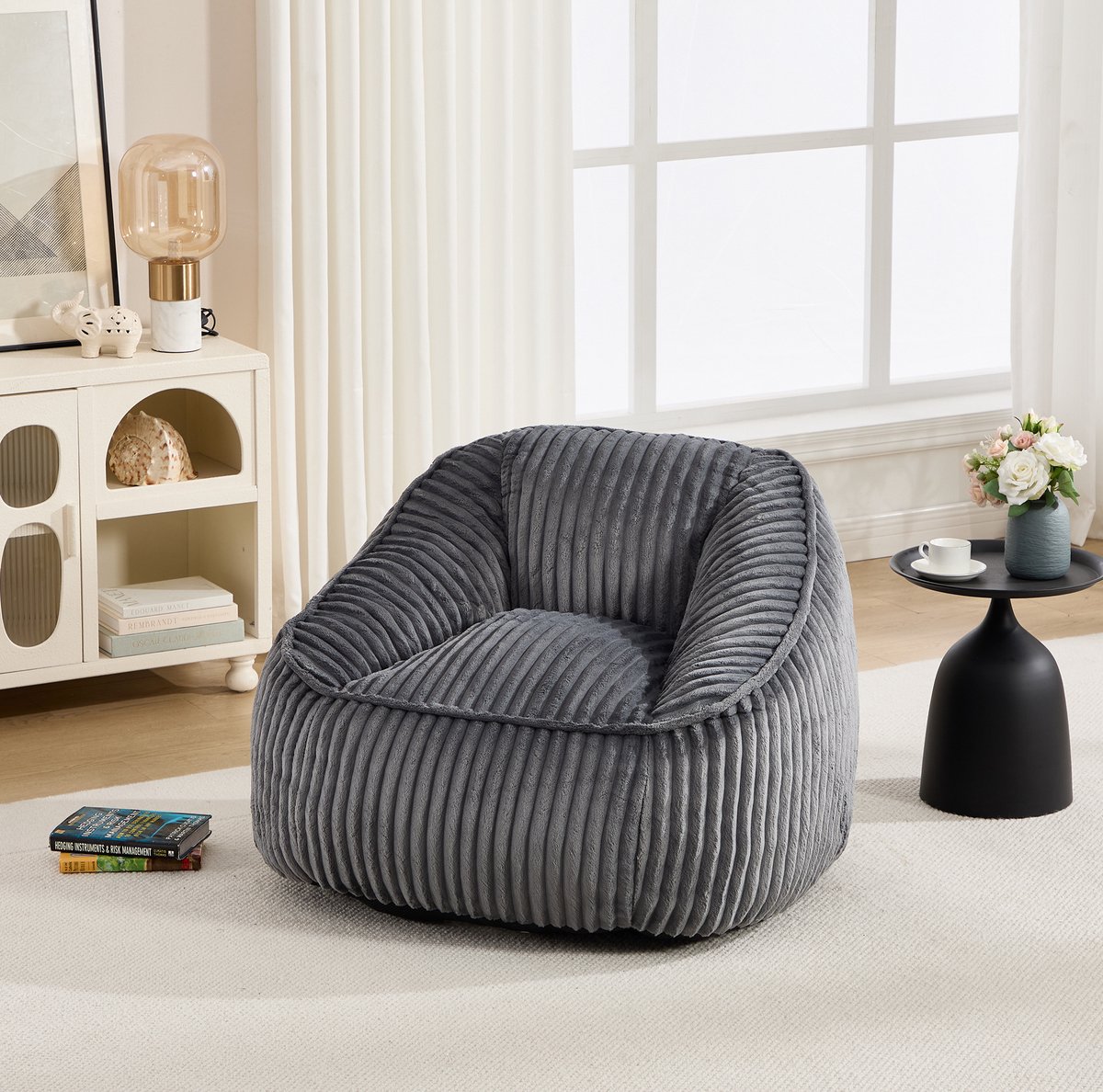 MIVRAY Zitzak Loungestoel 98 x 92 x 73 cm - Traagschuim Met Rugleuning - Voor Woonkamer En Slaapkamer - Ribstof Donkergrijs