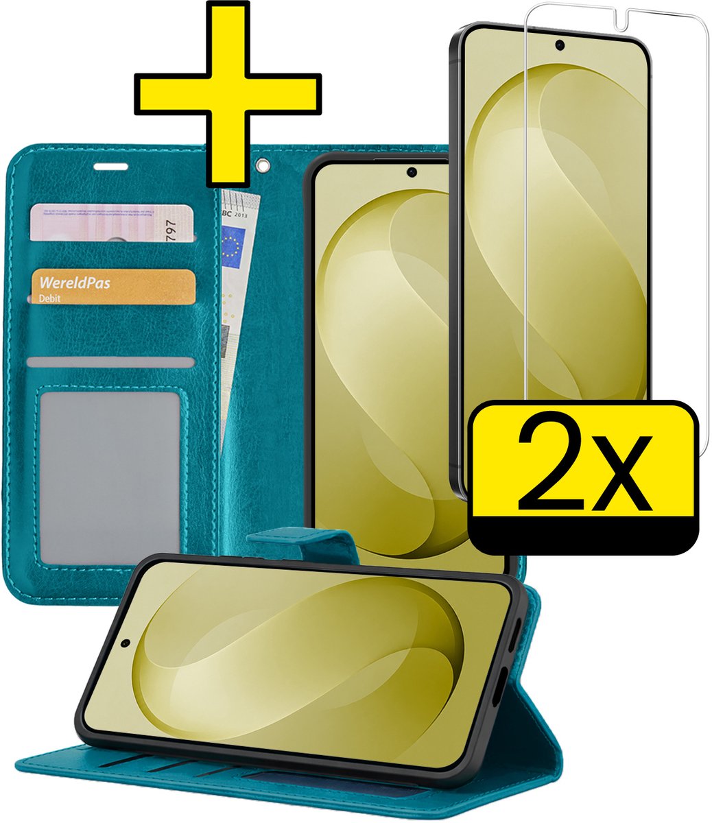 Hoesje - Met 2x Screenprotector - Geschikt voor Samsung Galaxy S26 FE - Luxe Pasjeshouder - Bookcase Portemonee - Flip Case - Kunstleer Book Case - Flipcase Hoes - Book Cover - Walletcase - Portemonneehoes - Telefoonhoesjes - Turquoise
