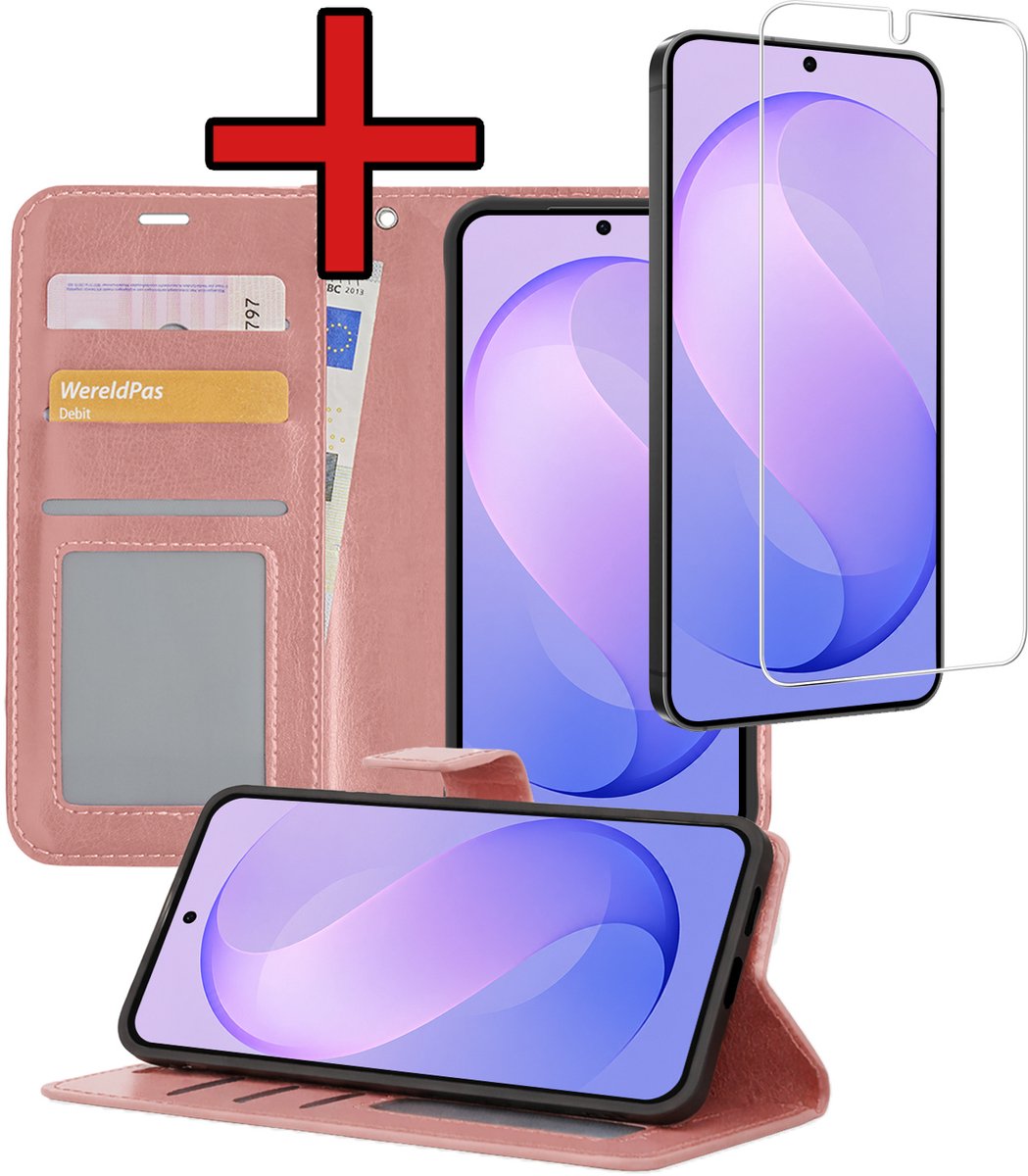 Hoesje - Met Screenprotector - Geschikt voor Samsung Galaxy S26 FE - Luxe Pasjeshouder - Flipcase - Bookcase Portemonee - Flip Case - Kunstleer Book Case - Book Cover - Walletcase - Portemonneehoes - Telefoonhoes - Rosé goud