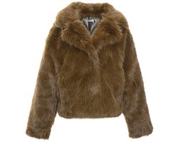 Trendy Dames Bontjas - Korte Faux Fur Winterjas met Brede Reverskraag - One Size - lichtbruin
