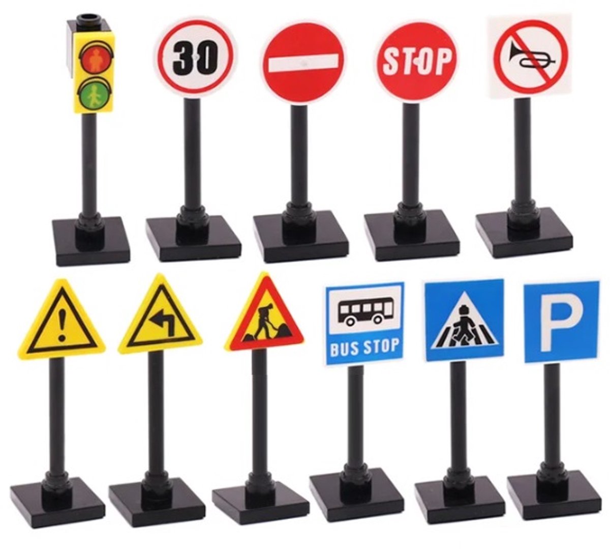 bricksNblocks® bouwblokjes verkeersborden set - set van 10 verkeersborden en voetgangerslicht, uitbreidingsset - past op alle standaard bouwblokjes, inclusief de Deense blokjes