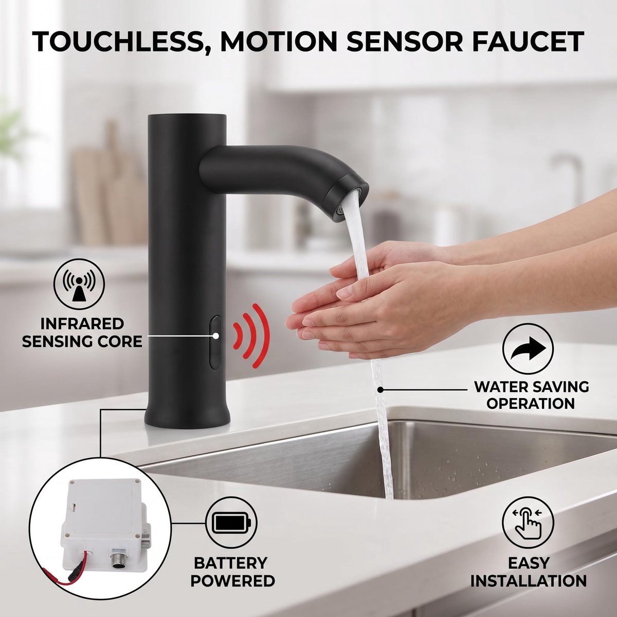 Dailygoods - Touchless Sensor Kraan - Automatische Beweging - Keuken & Badkamer - Zwart RVS - Waterbesparing - Modern design - Gemakkelijk te installe...