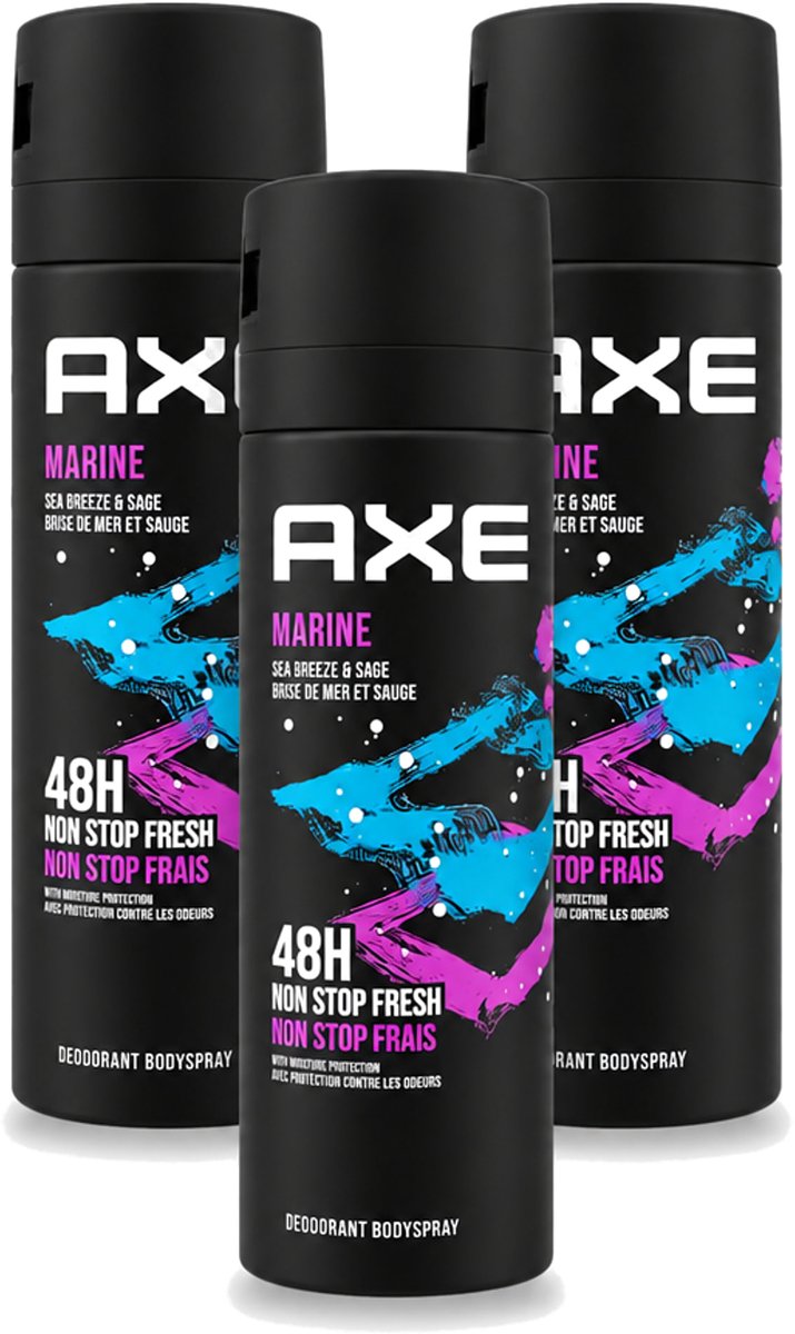 3 x Axe - Deodorant Bodyspray - 100% Fresh Fragrance - Marine - Sea Breeze & Sage - 150 ml - Voordeelverpakking - 3 stuks