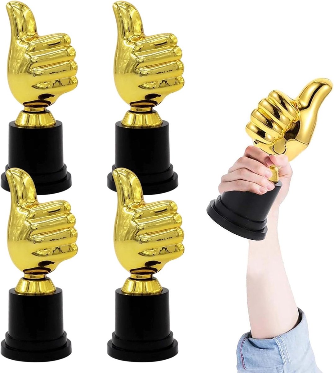 Dailygoods- Trofee Mini Beker - 4 Stuks - Gouden Duim Trofee Medailles - Plastic - 13 cm Hoogte - Veilig en Milieuvriendelijk Materiaal - Voor Kinderen verjaardagen - Prijsbeker