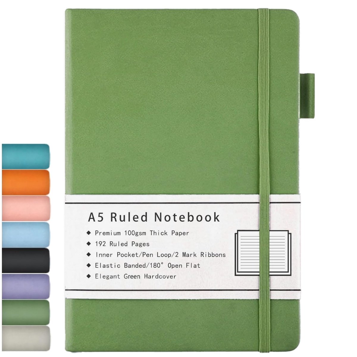 SnelShoppen - A5 Notebook Ruled Hardcover Journal met 100GSM Dik Papier, Faux Leder, 192 Pagina's, Binnenzak, Elastische Band, 14.5x21.3 cm, Groen