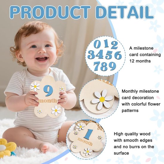 Milestone Maps, DIY Milestone Cards, Baby Wood, Flower Style Baby Milestone Photo Props, for 0-12 Months Toddlers - ShopVlot — afbeelding 4