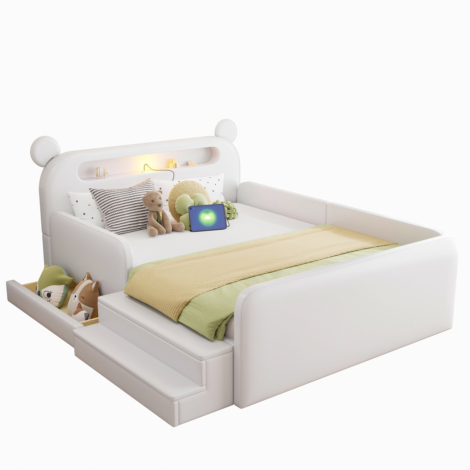 MUVANO Gestoffeerd kinderbed 140x200 cm met berenhoofdbord, nachtlampje, USB-aansluiting en opbergruimte, wit kunstleer